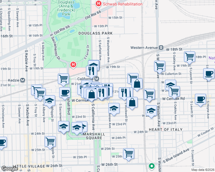map of restaurants, bars, coffee shops, grocery stores, and more near 2658 West 21st Place in Chicago