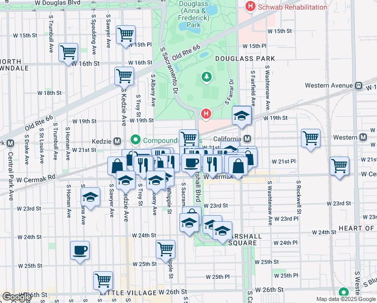 map of restaurants, bars, coffee shops, grocery stores, and more near 3000 West 21st Place in Chicago