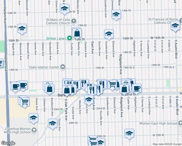 map of restaurants, bars, coffee shops, grocery stores, and more near 1928 East Avenue in Berwyn
