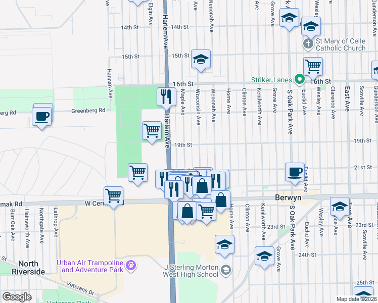map of restaurants, bars, coffee shops, grocery stores, and more near 1924 Maple Avenue in Berwyn