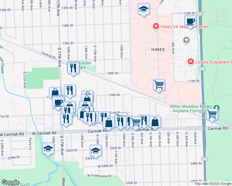 map of restaurants, bars, coffee shops, grocery stores, and more near 1015 West 19th Street in Broadview