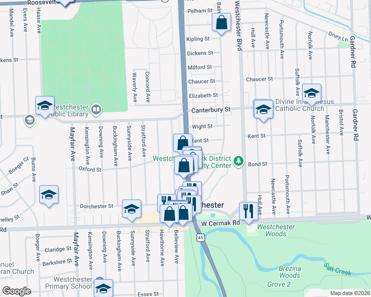 map of restaurants, bars, coffee shops, grocery stores, and more near 1840 South Mannheim Road in Westchester
