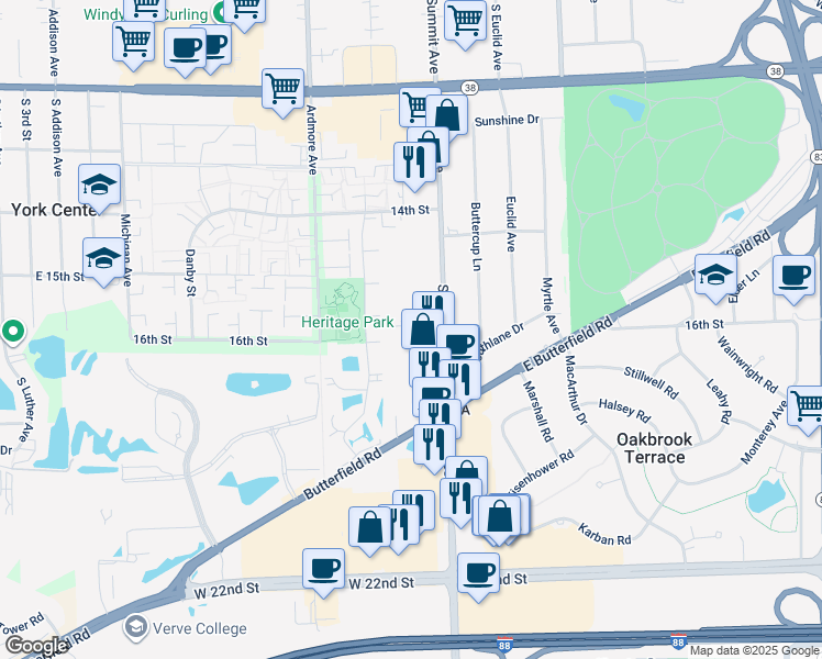 map of restaurants, bars, coffee shops, grocery stores, and more near 1S410 Summit Avenue in Oakbrook Terrace
