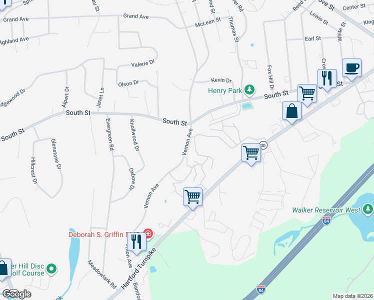 map of restaurants, bars, coffee shops, grocery stores, and more near 168a Vernon Avenue in Vernon