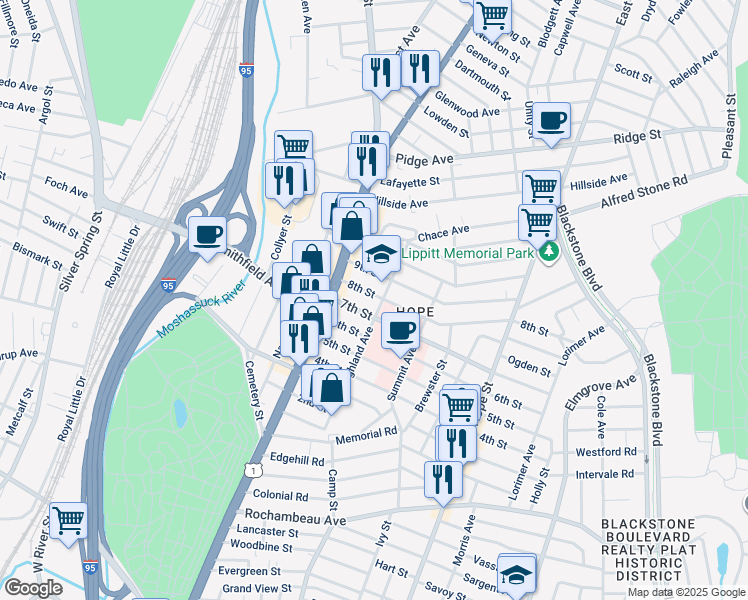 map of restaurants, bars, coffee shops, grocery stores, and more near 47 8th Street in Providence