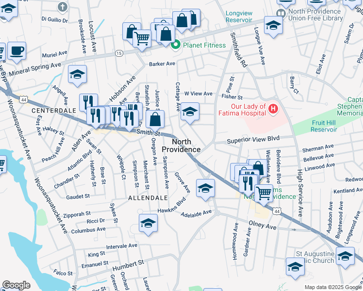 map of restaurants, bars, coffee shops, grocery stores, and more near in North Providence