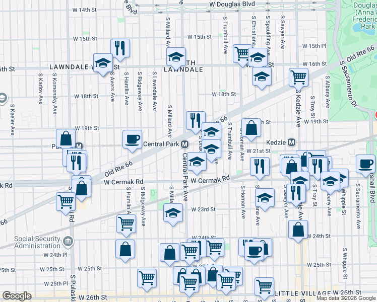 map of restaurants, bars, coffee shops, grocery stores, and more near 2116 South Drake Avenue in Chicago
