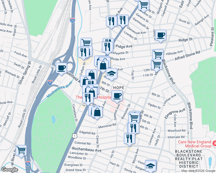 map of restaurants, bars, coffee shops, grocery stores, and more near 39 8th Street in Providence