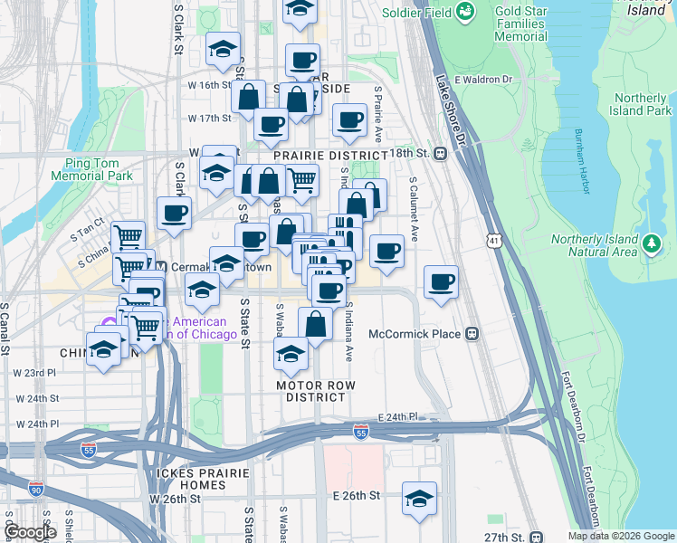 map of restaurants, bars, coffee shops, grocery stores, and more near 2148 South Indiana Avenue in Chicago