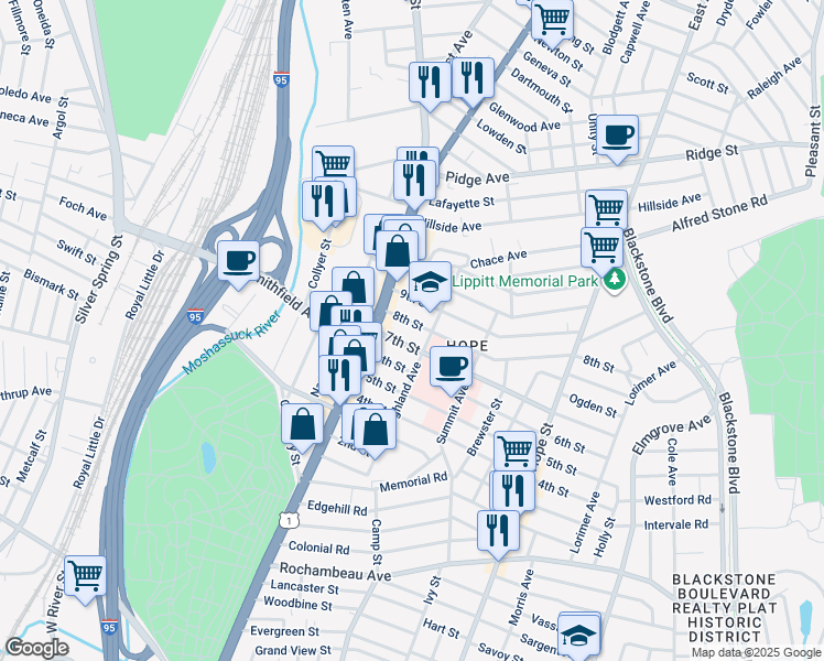 map of restaurants, bars, coffee shops, grocery stores, and more near 25 7th Street in Providence