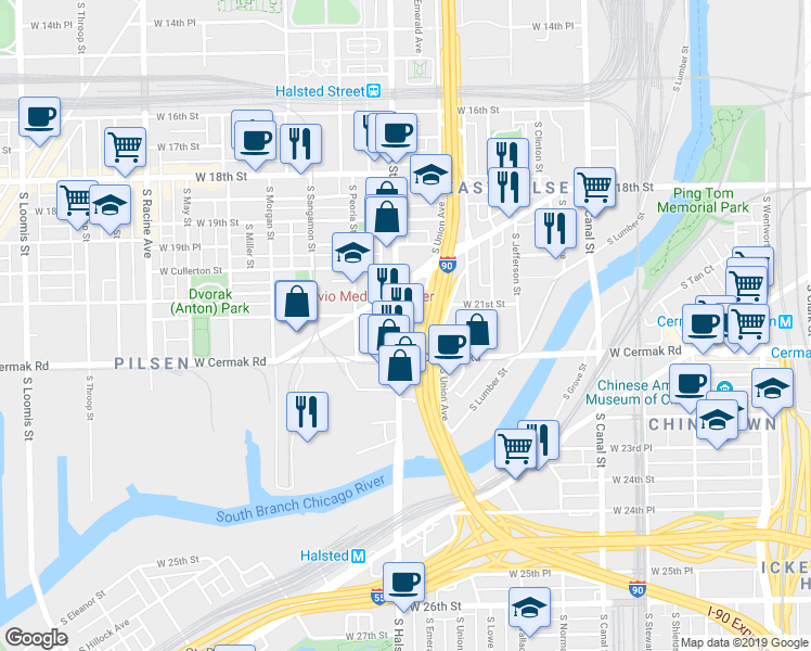 map of restaurants, bars, coffee shops, grocery stores, and more near 2143 South Halsted Street in Chicago