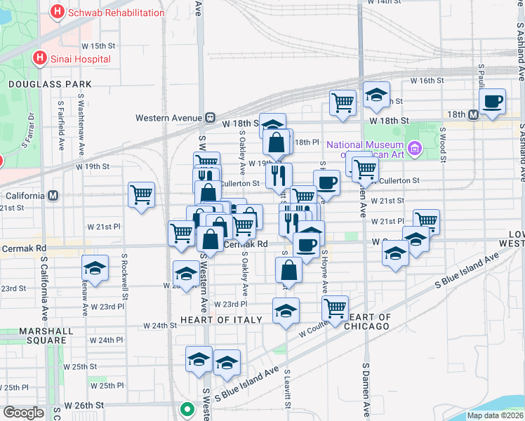 map of restaurants, bars, coffee shops, grocery stores, and more near 2241 West 21st Place in Chicago