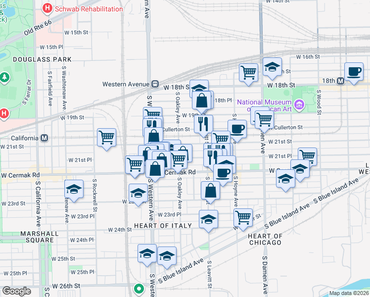 map of restaurants, bars, coffee shops, grocery stores, and more near 2241 West 21st Place in Chicago