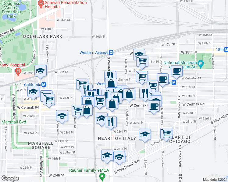 map of restaurants, bars, coffee shops, grocery stores, and more near 2127 South Western Avenue in Chicago