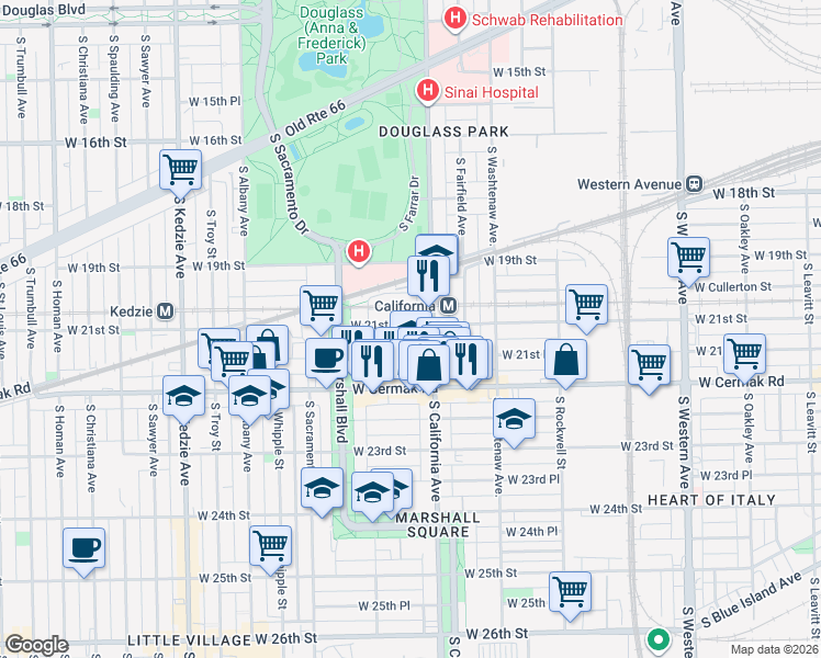 map of restaurants, bars, coffee shops, grocery stores, and more near in Chicago
