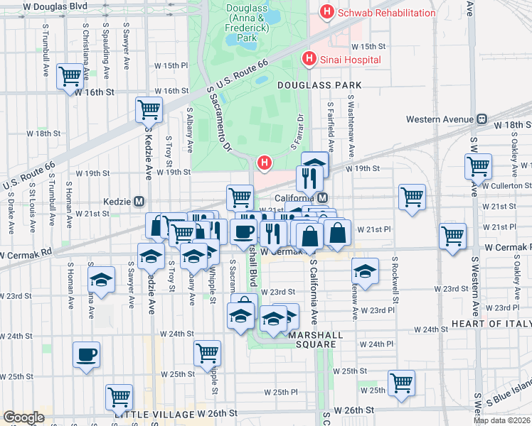 map of restaurants, bars, coffee shops, grocery stores, and more near 2117 South Marshall Boulevard in Chicago