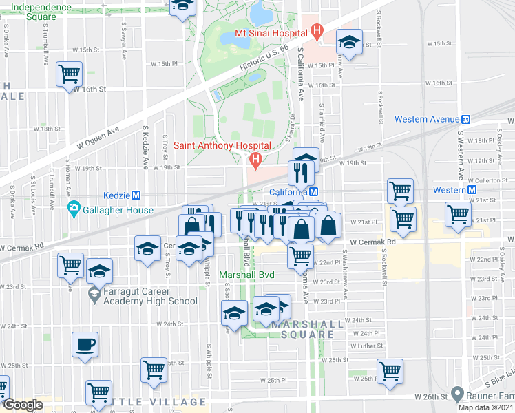 map of restaurants, bars, coffee shops, grocery stores, and more near 2117 South Marshall Boulevard in Chicago
