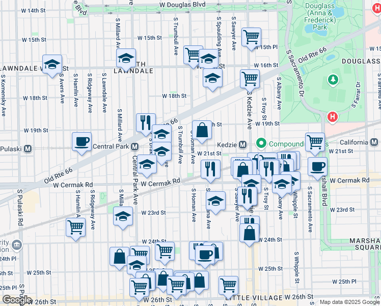 map of restaurants, bars, coffee shops, grocery stores, and more near 2117 South Trumbull Avenue in Chicago