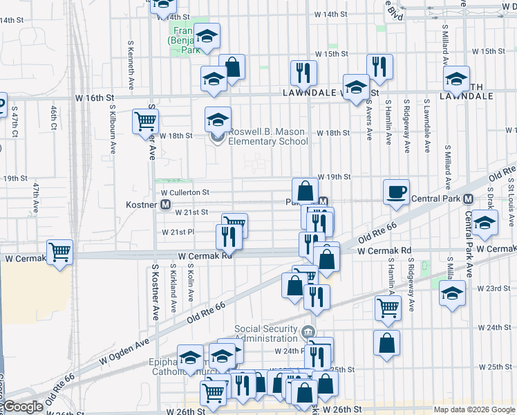 map of restaurants, bars, coffee shops, grocery stores, and more near 4109 West 21st Street in Chicago