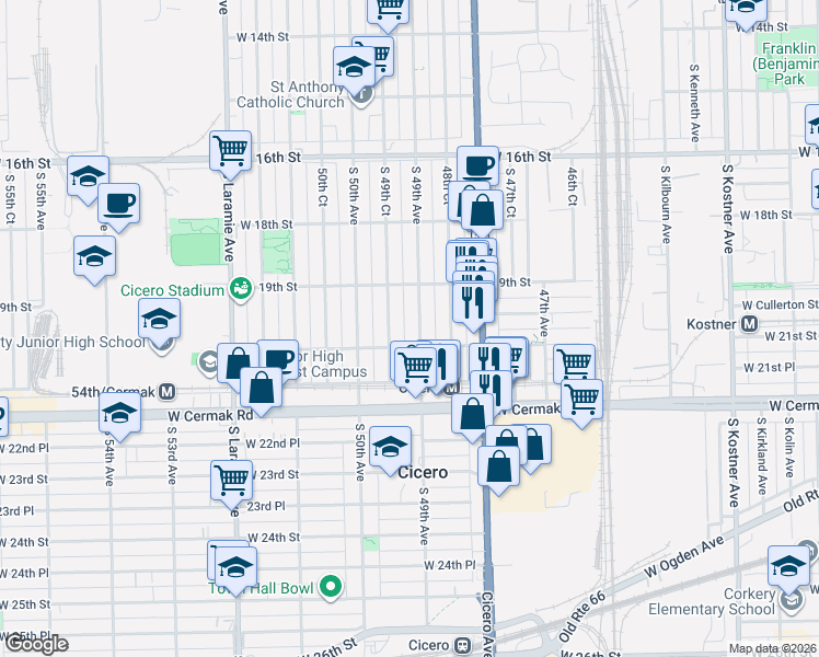 map of restaurants, bars, coffee shops, grocery stores, and more near 2100 South 49th Avenue in Cicero