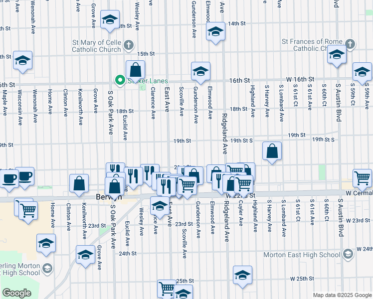 map of restaurants, bars, coffee shops, grocery stores, and more near 1932 Scoville Avenue in Berwyn