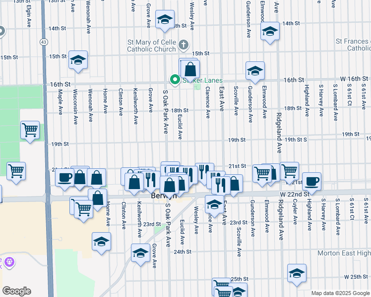 map of restaurants, bars, coffee shops, grocery stores, and more near 1929 Euclid Avenue in Berwyn