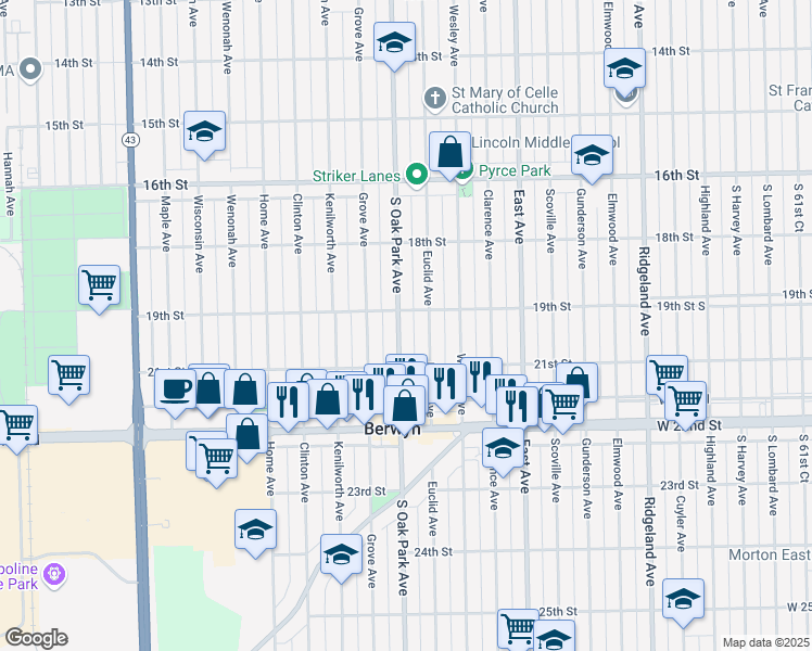 map of restaurants, bars, coffee shops, grocery stores, and more near 1930 Oak Park Avenue in Berwyn