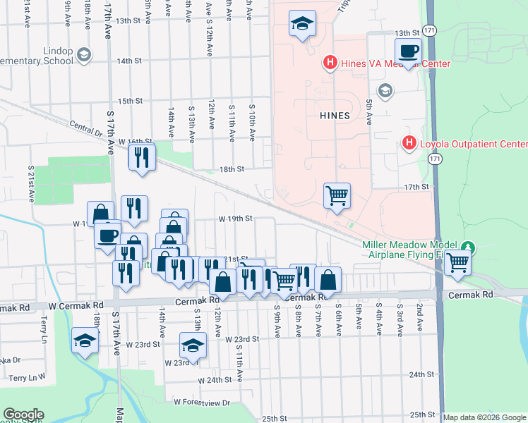 map of restaurants, bars, coffee shops, grocery stores, and more near 2804 South 9th Avenue in Broadview