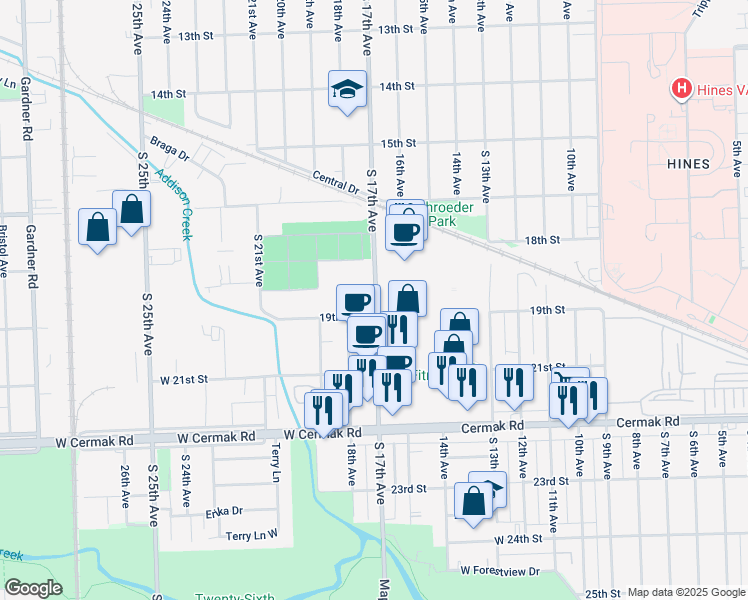 map of restaurants, bars, coffee shops, grocery stores, and more near 3500 Broadview Village Square in Broadview