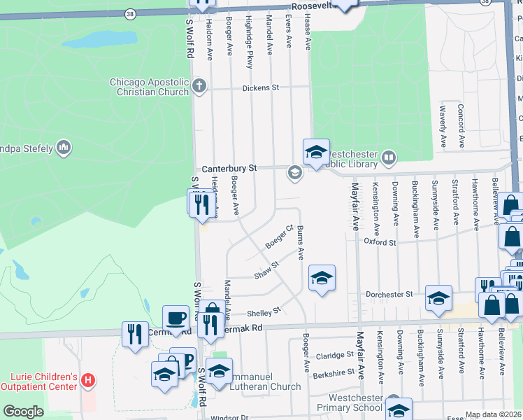 map of restaurants, bars, coffee shops, grocery stores, and more near 11105 Mandel Court in Westchester