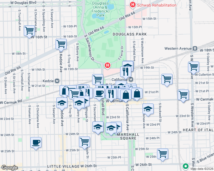 map of restaurants, bars, coffee shops, grocery stores, and more near 2101 South Marshall Boulevard in Chicago