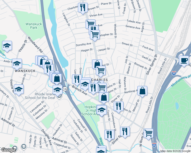 map of restaurants, bars, coffee shops, grocery stores, and more near in Providence