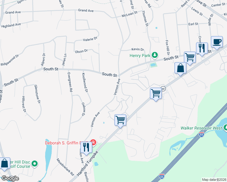 map of restaurants, bars, coffee shops, grocery stores, and more near 168a Vernon Avenue in Vernon