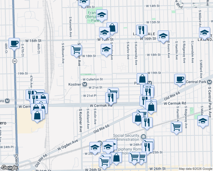 map of restaurants, bars, coffee shops, grocery stores, and more near 4221 West 21st Street in Chicago