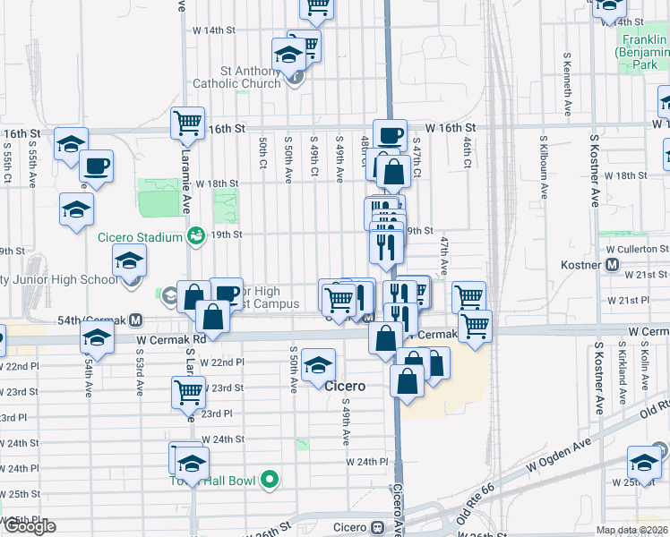 map of restaurants, bars, coffee shops, grocery stores, and more near 2100 South 49th Avenue in Cicero