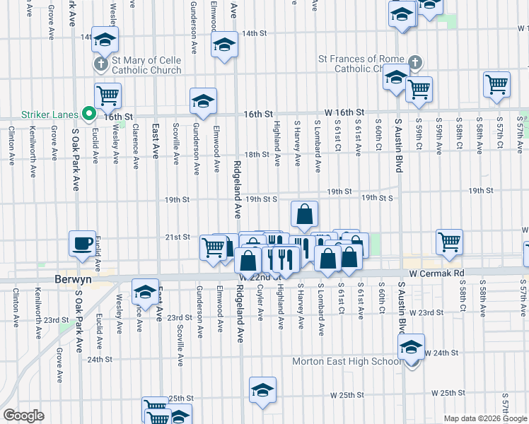 map of restaurants, bars, coffee shops, grocery stores, and more near 1930 Highland Avenue in Berwyn