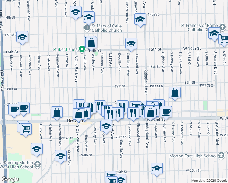 map of restaurants, bars, coffee shops, grocery stores, and more near 1932 Scoville Avenue in Berwyn