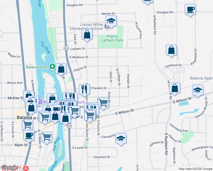 map of restaurants, bars, coffee shops, grocery stores, and more near 422 East Franklin Street in Batavia