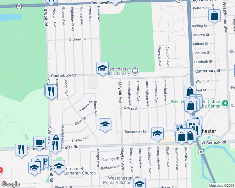 map of restaurants, bars, coffee shops, grocery stores, and more near 1810 Mayfair Avenue in Westchester