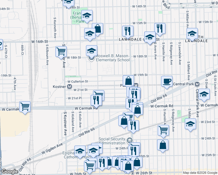 map of restaurants, bars, coffee shops, grocery stores, and more near 4109 West 21st Street in Chicago