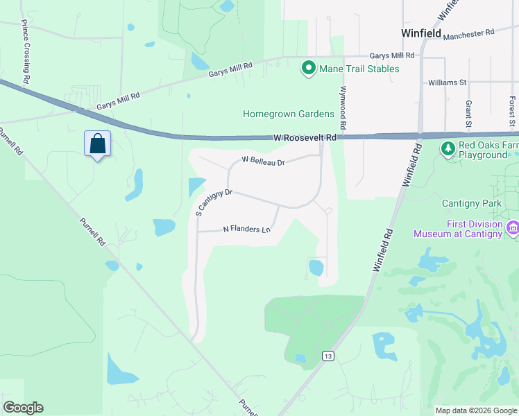 map of restaurants, bars, coffee shops, grocery stores, and more near 28W211 South Cantigny Drive in Winfield