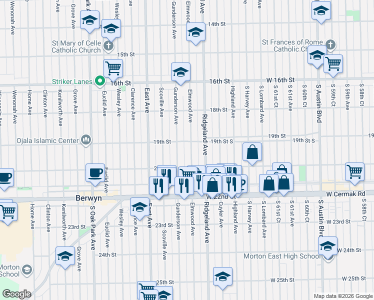 map of restaurants, bars, coffee shops, grocery stores, and more near 1927 Elmwood Avenue in Berwyn