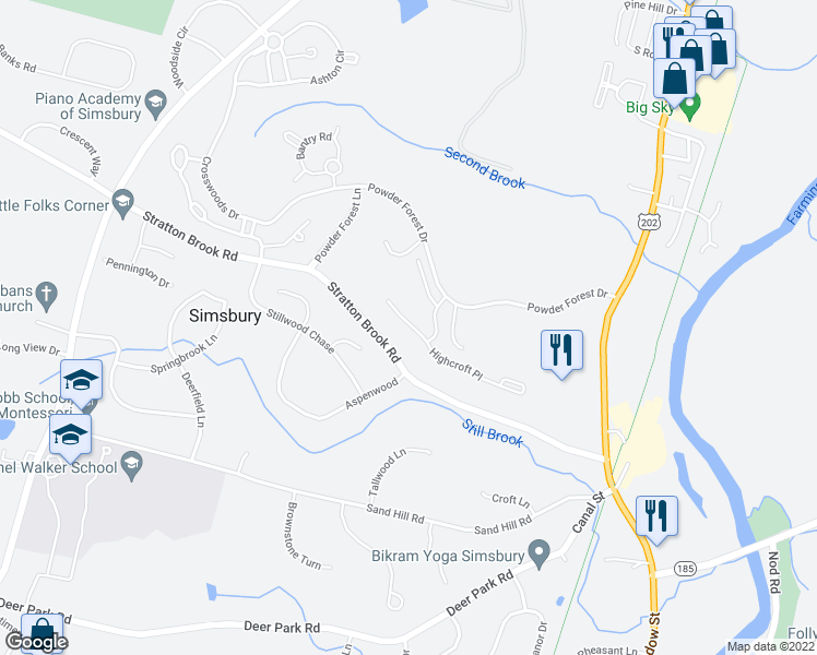 map of restaurants, bars, coffee shops, grocery stores, and more near 908 Highcroft Place in Simsbury