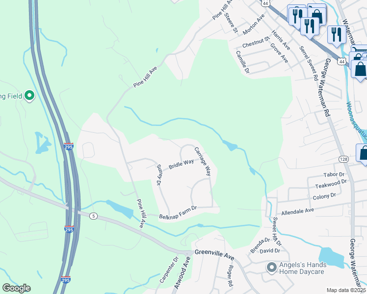 map of restaurants, bars, coffee shops, grocery stores, and more near 20 Carriage Way in Johnston