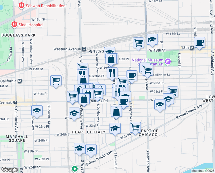map of restaurants, bars, coffee shops, grocery stores, and more near 2241 West 21st Place in Chicago