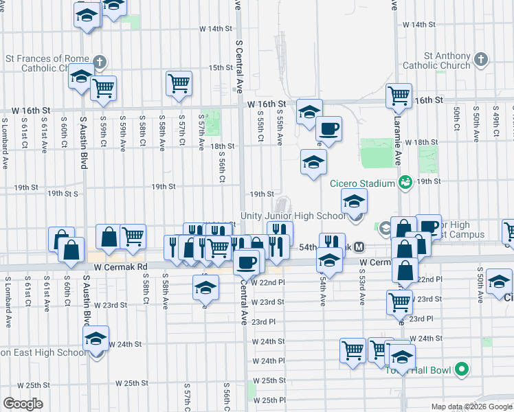 map of restaurants, bars, coffee shops, grocery stores, and more near 1929 South Central Avenue in Cicero