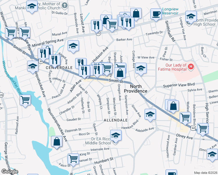 map of restaurants, bars, coffee shops, grocery stores, and more near in Providence