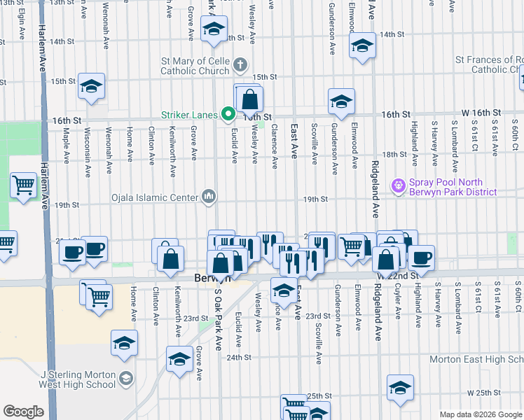 map of restaurants, bars, coffee shops, grocery stores, and more near 1929 Wesley Avenue in Berwyn