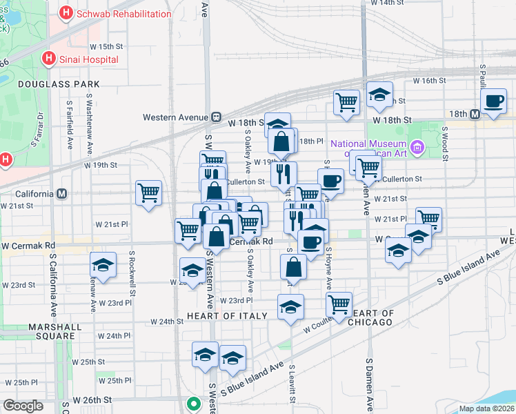 map of restaurants, bars, coffee shops, grocery stores, and more near 2249 West 21st Street in Chicago