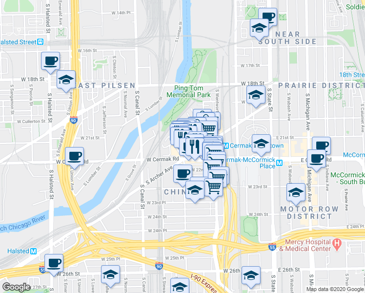 map of restaurants, bars, coffee shops, grocery stores, and more near 2163 South China Place in Chicago